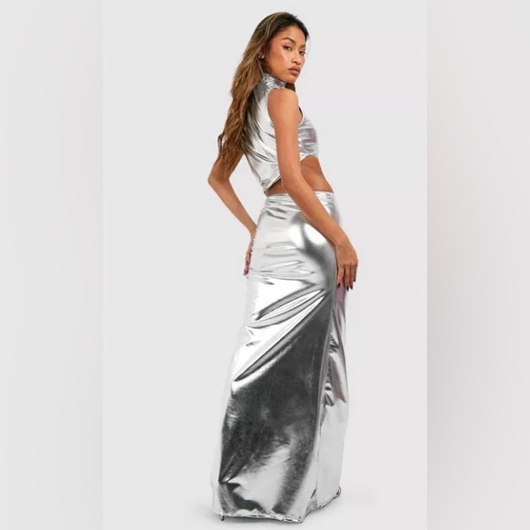Metallic Pu High Neck Cut Out Maxi Dress | 6 - Picture 2 of 7